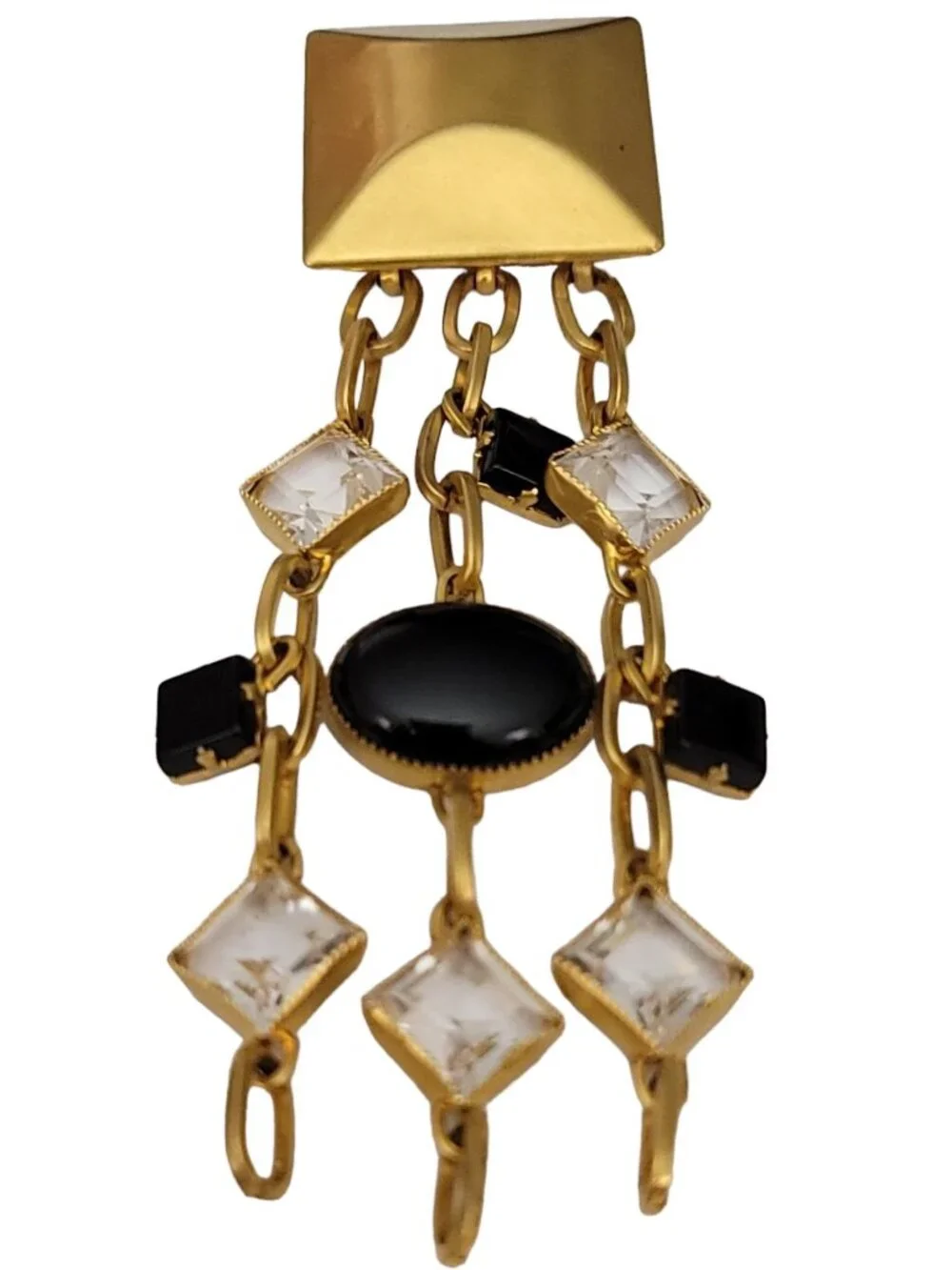 Gold Tone Square Bar With Clear, Black Rhinestone, Chain Dangles Brooch